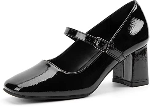 Greatonu Womens Chunky Low Block Heels Mary Jane Shoes Faux Patent Leather Ankle Strap Square Toe Retro Court Shoes Office Party Wedding Dress Shoes