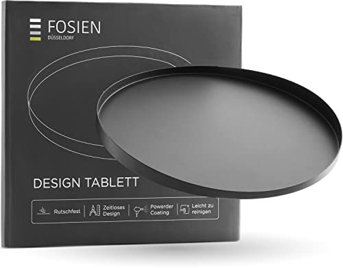 FOSIEN® Design Tablett Schwarz aus Metall mit Anti rutsch Beschichtung auf der Unterseite/dekoteller als rundes tablett mit zeitlosem Design, als deko Schale für deko Haus (Wave Black)