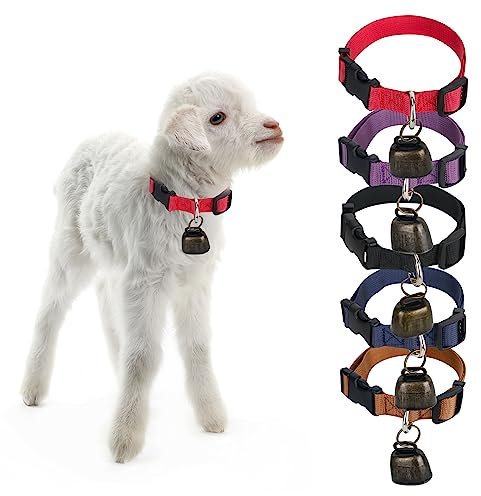 5 pezzi collari di capra con campanelli collari di pecora in nylon regolabili, campane di mucca da pascolo per piccoli animali da fattoria capra pecora e mucca con collare anti smarrimento