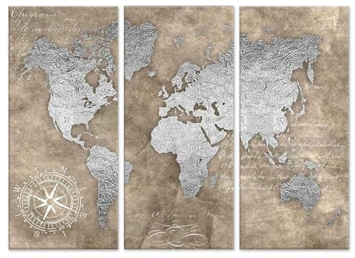 Lupia - Grande Quadro Moderno 3 Pezzi, Stampa su Tela Grande, Brown Silver Carta geografica per Soggiorno, Camera, Ufficio, Facile da Appendere, Telaio in Legno, World Brown Silver, 122x180 cm