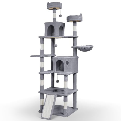 VOUNOT® Árbol Rascador para Gatos Gigante Altura 215 cm, Torre de Gatos Multiniveles, Rascador de Escalada Estable para Gatos Adultos Mascotas con Postes de Sisal Plataformas Cuevas Cestas Rampa, Gris