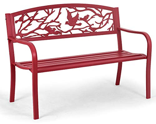 KOMFOTTEU Banc de Jardin 2 Places, Banquette de Parc en Métal, Chaise de Parc avec Dossier, Charge de 280/320 kg, pour Balcon, Terrasse (Oiseau, Rouge, 127 x 60 x 88 cm)