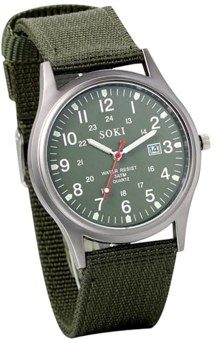 OIDEA Herren Armbanduhr Militär Uhr: Grün mit Nylon Armband Analog Quarz Herrenuhr Retro Kalender mit Beleuchtenden Zeiger LED Licht Outdoor Wasserdicht 30m Geschenk für Männer Junge Freund