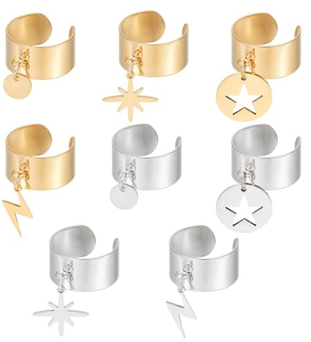 UNICRAFTALE 8 Pièces 2 Couleurs 4 Styles Bagues Breloques Acier Inoxydable pour Femme - Étoile, Boulon, Foudre, Pendentif, Réglable Ouverte pour Cadeaux de Noël et du Nouvel An