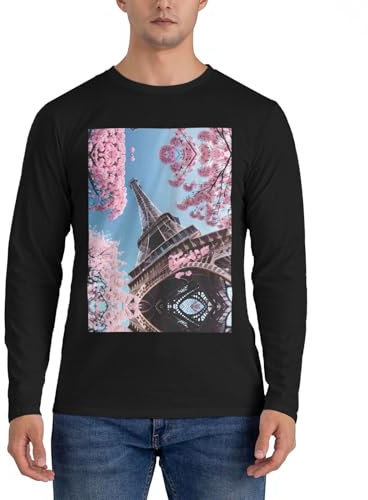 GaxfjRu Peinture à l'huile Paris Tour Eiffel imprimé décontracté col rond pull léger chemises à manches longues pour hommes, tailles S à 3X, Noir , L