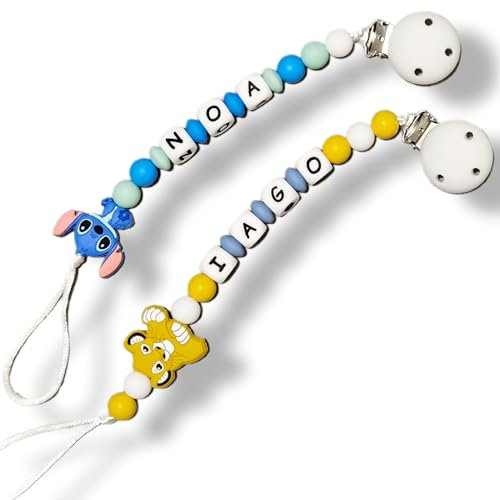 Chupetero Personalizado con Nombre de Bebe. Cadena para no Perder el Chupete. Sujetachupetes Seguro Frabricado en España. EN-71. Sujetatijeras enfermeria (2 unidades Azul y Leon)
