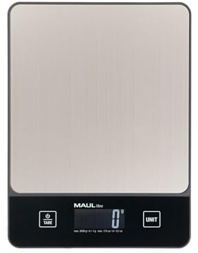 MAUL Briefwaage MAULlibra 19,7x14,7 cm | Waage bis 5kg belastbar | Moderne Küchenwaage mit 1g Teilung | Automatische Nullstellung und Abschaltautomatik | Inklusive Batterien | Schwarz