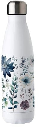Purely Home Blue Pastel Floral Stainless Steel Water Bottle - Garden Flowers Presents for Her - Double Walled 500ml Metal Hot/Cold Drinks Bottle Outdoor Gifts