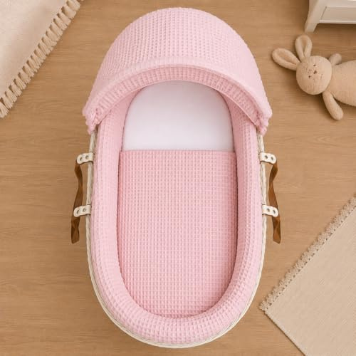 For Your Little One Moses Basket Bedding Set – Waffle & Dimple Designs with Hood, Quilt & Liner | Soft & Breathable (Moses Basket Not Included!) (Waffle, Pink)