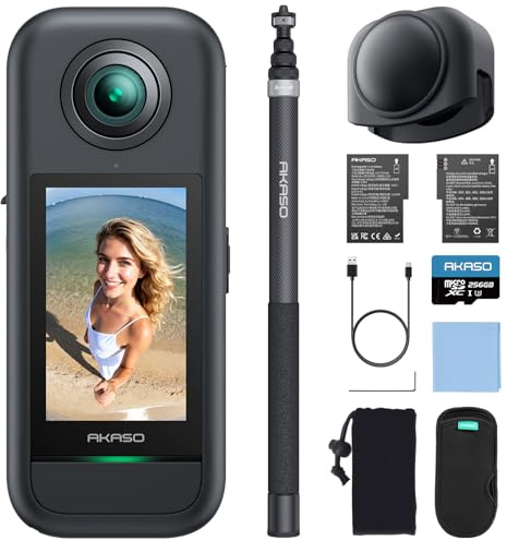 AKASO Caméra d'action 360° pour Vue de Drone - Caméra d'action 5,7 K 72 MP 360 degrés avec Carte mémoire de 256 Go - Double capteurs 1/2 48 MP - Écran Tactile 2,29 - Verrouillage Horizon 360° et