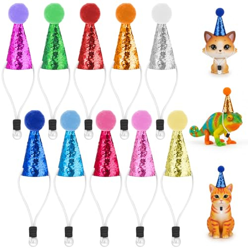 10 sombreros de fiesta para peluches, mini sombreros de fiesta con pompón y detalles brillantes, coloridos conos de fiesta, sombrero de fiesta pequeño con correa ajustable, animales de cumpleaños