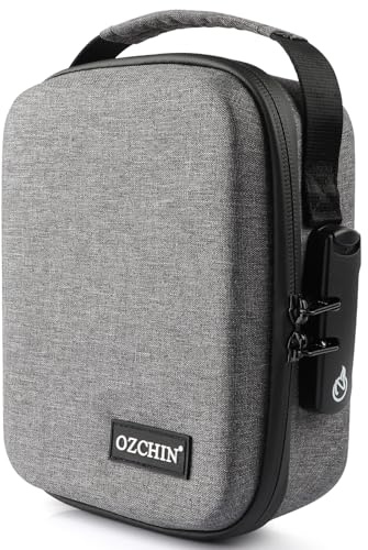 OZCHIN Smell Proof Bag with Combination Lock Odorless Carbon Lined Hard PU Stash Box Odor Proof Container Medicine Organizer Case Travel Carrying Storage Bag (Grey, M)
