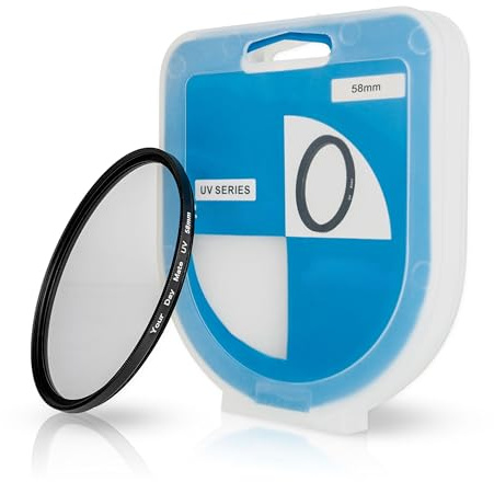 UV-filter med filterlåda, 1 förpackning, Ø 58 mm blockeringsfilter, universellt kompatibelt med många märken och modeller, glasfilter, blockerar ultravioletta strålar, kameralinsskydd