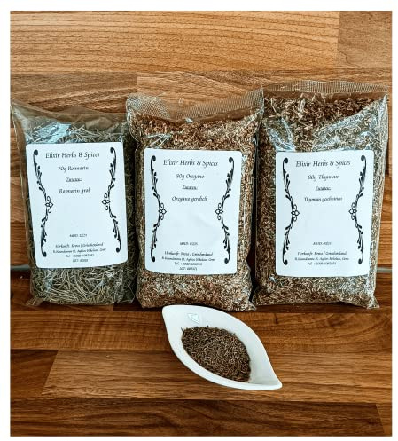 Grekiska kryddset presentset utvalda örter och kryddor från Elixir Herbs & Spices på Kreta (70 g rosmarin, 80 g oregano, 80 g timjan #54)