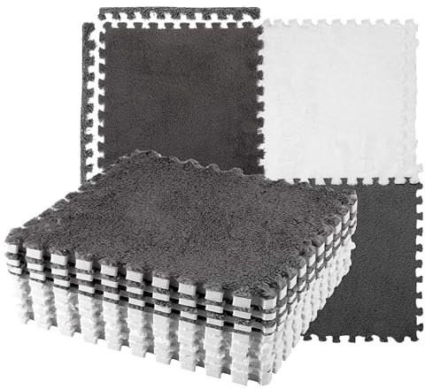 10 Stück Plüschschaum-Bodenmatte, Ineinandergreifender Bodenteppich, Weicher Geteilter Teppich, Puzzle-Schaumstoff-Bodenmatte für Schlafzimmer (Grau weiß)