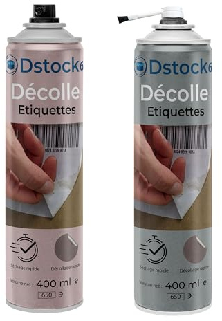 DSTOCK60 - Décolle étiquettes 400 ml, lot de 2 dissolvants adhésifs avec et sans pinceau, aérosol - spray pour décoller les étiquettes, élimine étiquettes, colles et résidus rapidement
