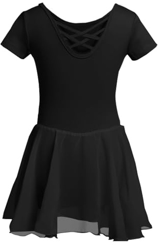 DGSHIRLDJO Ragazza Vestito da Balletto Danza Tutu Corpo Ginnastica Cotone Manica Corta con Chiffon Gonna（150,nero
