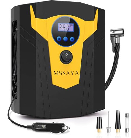 MSSAYA Car Tyre Inflator Air Compressor, 150 PSI Digital Car Tyre Pump - 12V DC Electric Car Pumps for Tyres with Auto Shutoff - Car Accessory with LED Light, 3 Nozzles for Car, Bike, Motorcycle, Ball