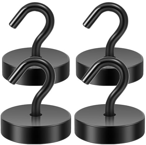 Neosmuk Magnethaken, 30kg Extra Starke Magnetische Haken für Camping, Werkstatt, Spind, Kleiderhaken mit Neodym Magnet für Outdoor und Kreuzfahrt Zubehör, Schwarz,4er-Pack