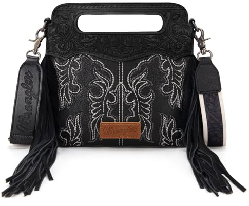 Wrangler Sac à bandoulière avec poignée supérieure pour femme avec franges brodées, Noir M