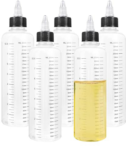 Puedno 5 Stück Quetschflasche 250ml, Kunststoff Squeeze Flasche mit Skala, Transparente Dosierflasche mit Spitzenkappe für Flüssige Gewürze Sauce Öl