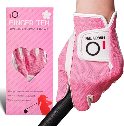 FINGER TEN Golf Gloves Women Left Hand Right Microfiber All Weather Grip Rain Hot Wet Value Pack, Ladies Golf Gloves Soft Flexible Durable Wear Resistance Good Grip (Rose, S, Left)