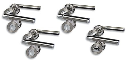 Rosettengarnitur Türbeschlag im 4er Set, Chrom/Edelstahlfärbig satiniert für 3 Zimmertüren mit Buntbartlochung und 1 Bad-WC-Tür, Schraubrosette Ø52mm, Türklinke, Türgriff