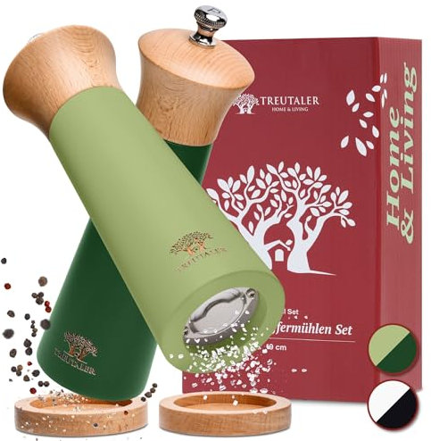 TREUTALER® Macinasale e pepe senza plastica con sottovaso, set di macinaspezie in legno massiccio con meccanismo continuo in acciaio inox e meccanismo in ceramica, verde
