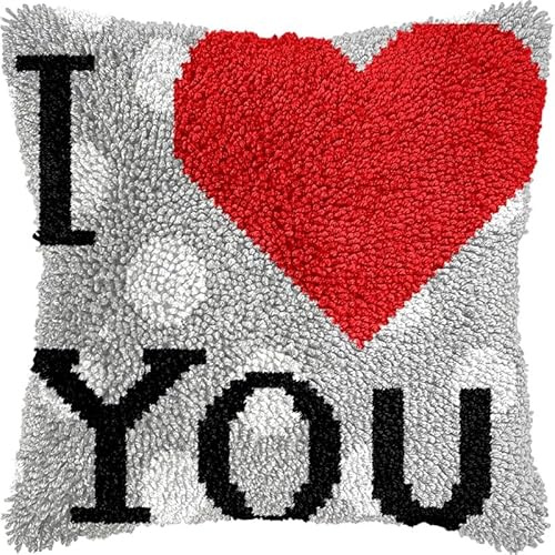 Kit de coussin à crochet à faire soi-même pour adultes avec inscription « I Love You » - Taie d'oreiller imprimée - Fils au crochet - Fait à la main - Décoration de canapé - 43,2 x 43,2 cm (H1)