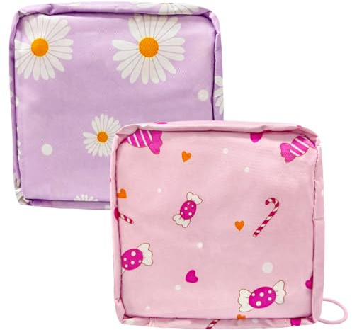 REEKNOKOL 2Pcs Sanitary Towel Holder,Period Bag Sanitary Napkin Storage Bag Sanitary Pouch with Zipper Portable Pantyliners Bag for Women Teen Girls Ladies (Pink/Purple)