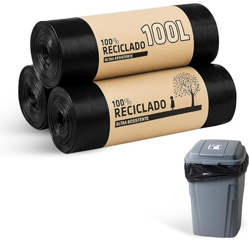 CHEFZOCO Bolsas Basura, Sacos de basura Resistentes, Bolsas de Comunidad 100% Recicladas, Ecológicas y Antigoteo, 100 L, 85 x 105 cm, Contiene 3 Rollos de 10 bolsas, Negro