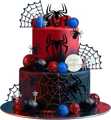 Decorazioni Torta Compleanno Spider, Decorazioni per Torte Ragno con Ragnatela Palle Stelle, Happy Birthday Cake Topper, per Feste di Compleanno di Ragazzi e Ragazze (A)