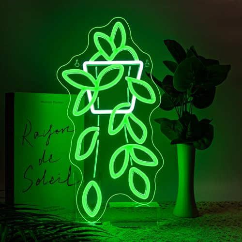 ineonlife Potted Pothos neonskylt, gullrankor, krukväxt, LED-skylt, neonskylt för väggdekoration, gröna lysande skyltar för sovrum, vardagsrum, terrass, trädgård, växtbutik, blombutik