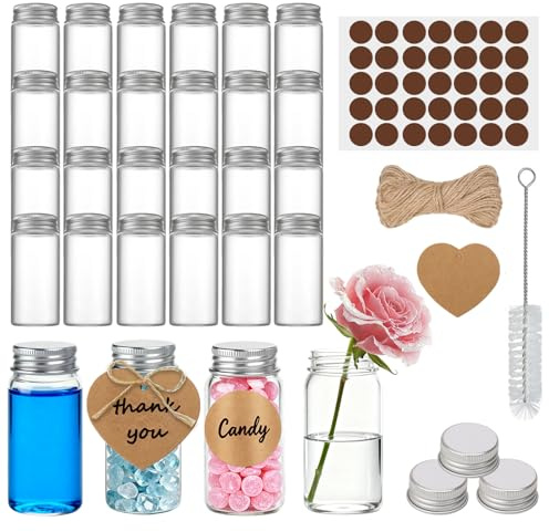 NAHUAA 30 Piezas 30 ml Tubos de Ensayo Cristal con Tapon de Rosca Probeta Vidrio Transparente Botecitos de Cristal Pequeños Tubos de Ensayo para Flores, Golosinas, Laboratorio, Sal de Baño, 3x7 cm