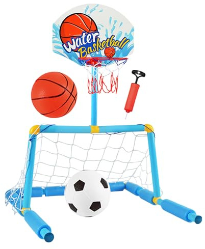Uhngw Canasta De Baloncesto para Piscinas, Juego Acuático 2 En 1 con Portería De Fútbol, Juego Acuático con 2 Balones y Bomba para Niños Mayores de 4 Años Adultos Familia Interior Exterior Jardín