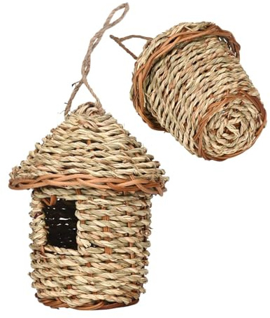 Casetta per uccelli – Capanna in paglia intrecciata a mano, gabbia in canna naturale altezza 16 cm, base 8 cm, parte superiore 12,7 cm, ingresso 4 cm, 70 g per , viti, recinzioni, balconi