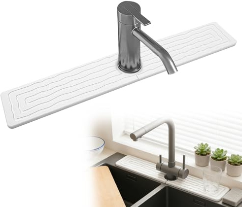 letuxaamz Tappetino Lavello Cucina, Paraspruzzi Lavello Cucina Tappetino Assorbente Cucina in Diatomite, Tappetino Protettivo e Organizzatore per Cucina e Bagno Bianco 10x60cm