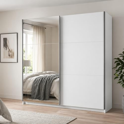 Home Collective Armario con espejo y puertas correderas | mucho espacio de almacenamiento con 5 estantes y barra para colgar ropa | moderno dormitorio juvenil muebles | blanco con espejo