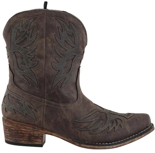 ROPER Womens Amelia Tooled Inlay Snip Toe Casual Boots Ankle Low Heel 1-2 - Brown - Size 10 B