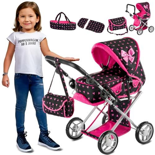 Kinderplay Poussette Poupée et Landau | Poupee Jouet Fille 3en1 - Poussette Poupon avec Poignée Réglable de 36.5 à 64 cm, Poussette Bébé Jouet Enfant et Landau Poussette Jouet pour Poupon, KP0200R
