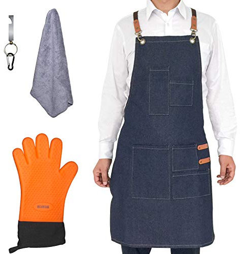 Megawodar Grilling Apron Set Include 1 BBQ Glove, 1 Bottle Opener, 1 Towel and 1 Denim Apron for Chef Kitchen BBQ Grill, Nice Fathers Day or Dad Birthdays Gifts