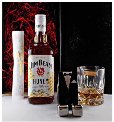 Jim Beam Honey Whiskeylikör + 2 Whisky Kühlsteine + Whiskey Glas im Geschenk Karton Männergeschenke Frauengeschenke Genießer Whisky Likör Set