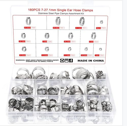 Faankiton 180 Pezzi Fascette Stringitubo a Orecchio Singolo, Fascette di Serraggio Singole, Fascetta a Vite Stringitubo Regolabili, 7-27.1mm 13 Misure Fascette Stringitubo in Acciaio Inox 304