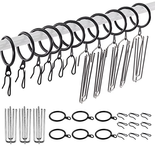 Swpeet 120 anillos de cortina de metal negros de 1.35 pulgadas a 30 mm para colgar cortinas y ganchos plisados de acero inoxidable con 4 puntas, ganchos para cortina de cortina para ventana, cortina