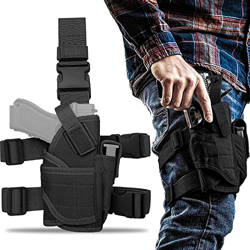 Fondina Tattica per Gamba a Goccia, Fondina per Coscia Mag Pouch, Fondina per Pistola Militare, Fondina per Pistola Nylon 900D, Imbracatura Gamba Regolabile per Pistole Glock Medie Grandi (Nero A)