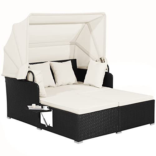 COSTWAY Cama de Ratán para Patio con Capota, Tumbona Doble de Ratán, Paneles Laterales Plegables, Sofá Cama Doble para Jardín, Patio Trasero, Porche, Césped, 165 x 153 x 138 cm (Blanco)