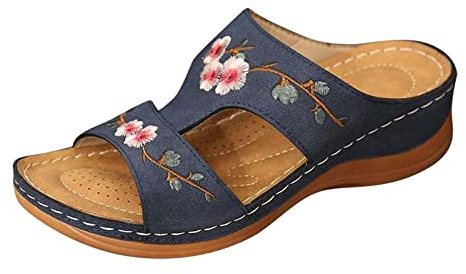 HAOLEI Womens Orthopedic Shoes Sale Clearance Comfy Sliders Summer Flat Leather Sandals Embroidery Flower Low Wedge Open Toe Breathable Slippers Sandals Ladies UK Size 3-7.5