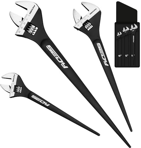 3-Piece Adjustable Spud Wrench Set, 10-inch, 12-inch, 16-inch, SAE and Metric Scale Marked, CR-V Steel with Black Oxide Finish