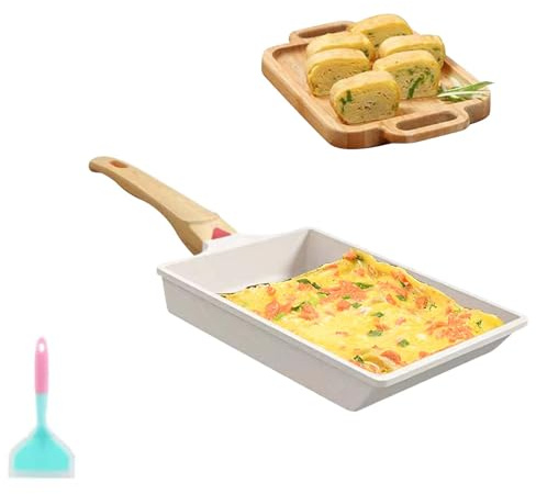 Yuragim Tamagoyaki stekpanna induktion med silikonspatel, panna avtagbart handtag grön, non-stick beläggning omelettstekpannor, japansk omelettpanna, fyrkantig panna (vit)