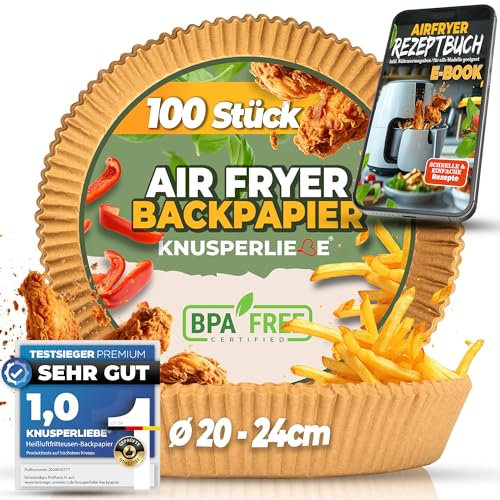 KNUSPERLIEBE® Backpapier für Heißluftfritteuse XXL 20-25cm 5-7,3 L, 100 Stück Airfryer Liner, Ölbeständig Antihaft Einwegschalen Pergamentpapier Für: Philips,COSORI